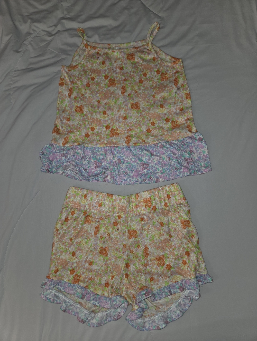 art class Girls Floral Tank and Ruffle Shorts Pajama Set - Orange, Green, Purple